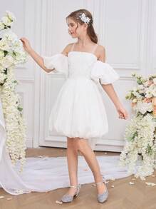 Tween-Mädchen Elegantes Blumenkleid mit Schleife für Schönheitswettbewerbe, Hochzeiten, Festessen, Geburtstage, Brautjungfern und formelle Anlässe, auch als Abendkleid für Moderatoren und Ballkleider geeignet. - Weiss - Übersicht 8