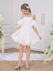Tween-Mädchen Elegantes Blumenkleid mit Schleife für Schönheitswettbewerbe, Hochzeiten, Festessen, Geburtstage, Brautjungfern und formelle Anlässe, auch als Abendkleid für Moderatoren und Ballkleider geeignet. - Weiss - Übersicht 6