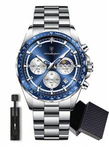 1pc Business Men's Stainless Steel Waterproof Luminous Quartz Watch With Date Display, Casual Men's Chronograph Wrist Watches For Men, Luxury Man Wristwatch Suitable For Work Occasion, Men's Gifts