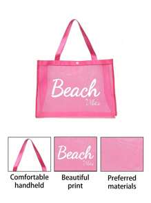 粉色网眼手提包，带有海滩字母印花设计，配有化妆包和太阳镜，网眼化妆包和靠垫粉扑收纳便携式化妆包，带有海滩字母印花设计，沙滩包 - 粉色 - 查看 6