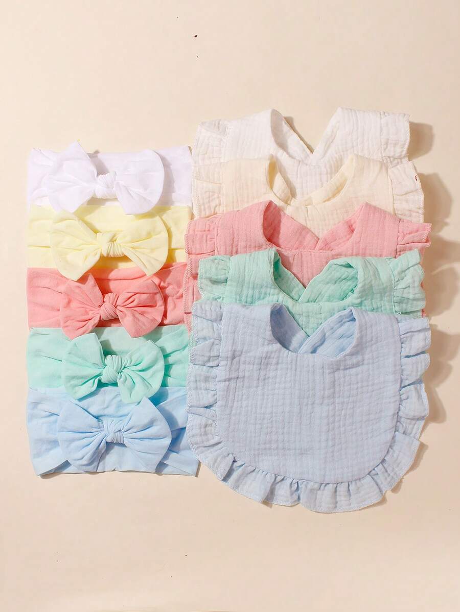 5 Stücke Frühlings-Bonbon-farbene süße Nylon-Schleifen-Stirnbänder & 5 Stücke Bonbon-farbene süße Baby-Lätzchen-Set, geeignet für jeden Tag, alle Jahreszeiten - Verschiedenfarbig - Übersicht 1