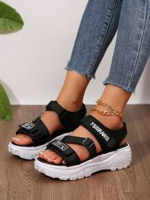 Casual Fashion Versatile Simple Hook And Loop Webbing Ladies' Sandals Women Thick Bottom Hook Loop Strap Sandals Fashion White Black With Sports Strap School Shoes, Beach Sandals - Black and White - View 6
