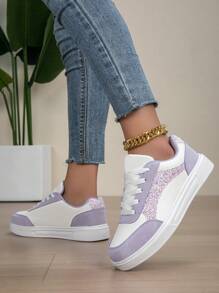新款春季圆头系带淡紫色女鞋，休闲时尚舒适运动鞋