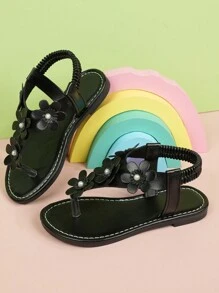 女童凉鞋 夏季新款手工串珠花朵设计圆头平底舒适可爱女童宝宝凉鞋 时尚优雅户外派对休闲沙滩凉鞋 - 黑色 - 查看 5