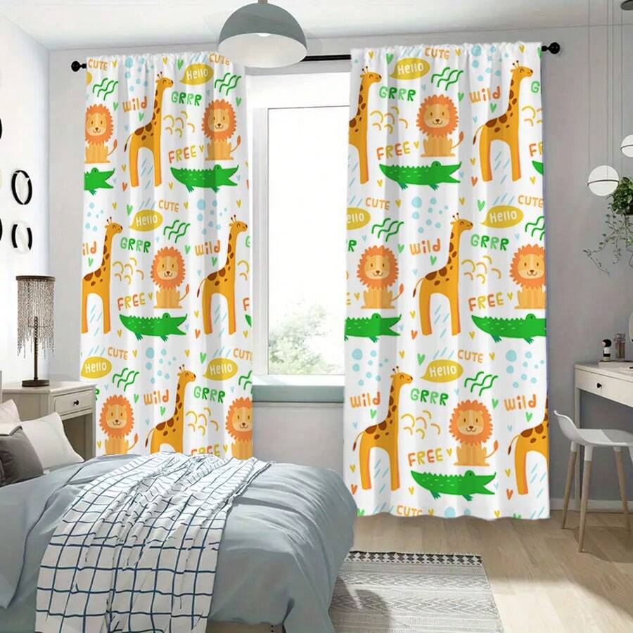 2 件可爱的卡通狮子、长颈鹿和鳄鱼浴帘，采用优质防水防污面料制成，轻松打造一个有趣而温馨的浴室，孩子和大人都会喜欢。