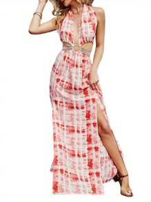 Women Sexy Backless Slit Dress, Tie-Dyed Printed Pattern Deep V-Neck Sleeveless One-Piece, Green/ Red/ Blue - Red - View 5
