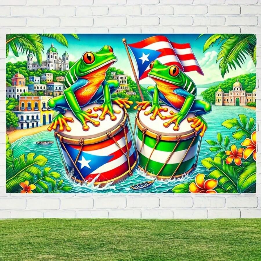 1 件活力树蛙鼓，波多黎各风格涤纶欢迎标志，适用于一般和主题活动、大型派对用品和入口、房间、花园墙壁装饰 - 全年使用，无需电源 - 杏色 - 查看 1