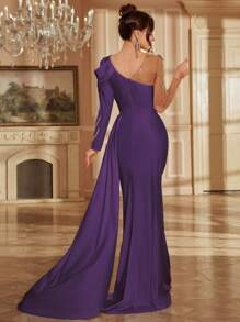 Applique Mesh Patchwork V-Neck Long Sleeve Elegant Long Gown With Trailing, Women Evening Dress,Party Dress,Formal,Wedding Guest - Violet Purple - View 2