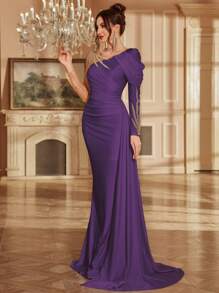 Applique Mesh Patchwork V-Neck Long Sleeve Elegant Long Gown With Trailing, Women Evening Dress,Party Dress,Formal,Wedding Guest - Violet Purple - View 6