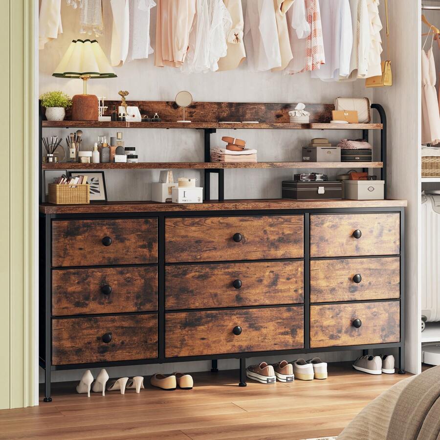 EnHomee 51.2" W Dresser For Bedroom With LED Lights, Large 13 Fabric Drawer Dresser For Bedroom, Long Dressers & Chests Of Drawers With Shelves For Closet Hallway, Mother's Day Decor, Room Decor, Home Decor, Rust Brown - 查看 1