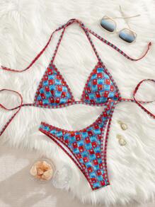 PEPPERMOLLY New Soft Grid Print Halter Tie Up Bikini Set, Women Fashionable Beach Swimwear, Red