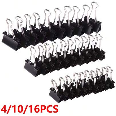 Set de 4 piezas/10 piezas/16 piezas de alicates de encuadernación de metal negro de 25 mm/32 mm/41 mm para sujetar notas, cartas, papelería, útiles escolares y de oficina