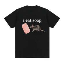 I Eat Soap Rat Funny Meme T Shirt Men's Fashion Vintage O-Neck Short Sleeve T-Shirts Casual Cotton Oversized T Shirts Streetwear - 黑色 - 查看 1