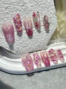 10PCS Y2k Handmade Manicure Sweet Hottie Flame Manicure Nail Art Bow Love Fake Nails Wear Nails Coffin Nails Press On Nails Medium Nail Supplies (1 Sheets Jelly Stickers+1PC Nail File)