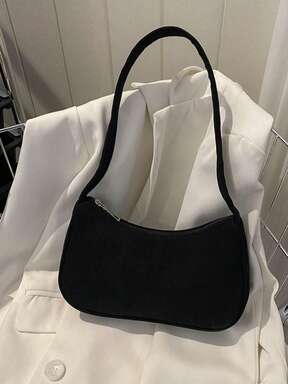 1 pieza Bolso de hombro de unicolor de pana con cierre de cremallera, que combina perfectamente con los atuendos de otoño para mujeres