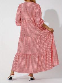 Women Plus Size Geometric Print Long Dress, V-Neck Puff Long Sleeve Loose Fashion Dress For Spring, Summer L/XL/2XL