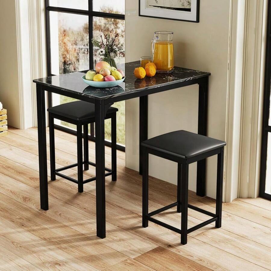 Small Dining Table For 2, Space Saving Dinette Set W/Counter Height Table & 2 Upholstered Bar Stools, Breakfast Nook Table Set, 3-Piece Kitchen Table Chairs Set For 2 For Dorm (Black) - Multicolor - View 1