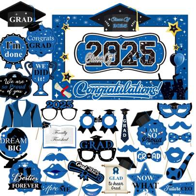 2/30/32pcs Class Of 2025 Blue Color Frame Card Graduation Party Photo Booth Props - 2025 Graduation Fun GRAD Theme Paper Frame & Accessories Set For Grad