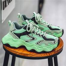 Men's Casual Sports Thick Sole Shoes, Fashionable Breathable Lightweight Lace-Up Walking Sneakers, Green, Perfect For Valentine's Day - Green - View 4