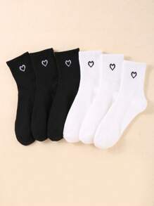 6双装女士纯色罗纹中筒袜 – 柔软舒适，时尚百搭，适合日常穿着，黑白灰爱心图案，适合徒步运动，可作礼物、圣诞礼物或圣诞袜填充物。