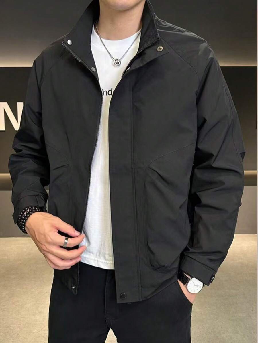 Men's Lightweight Utility Jacket, Stand Collar Windbreaker, Versatile Casual Coat For Spring & Fall, Casual & Stylish - màu đen - Xem 1