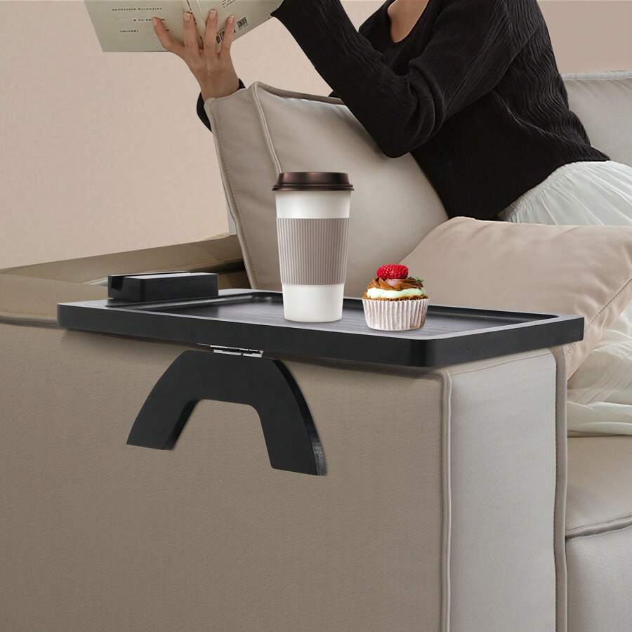 kangten Bamboo Sofa Tray Storage Rack, Foldable Sofa Tray With 360° Rotating Phone Holder - Black - View 1