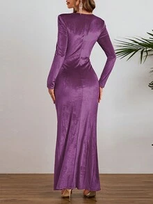 2024 Autumn Elegant Lady Style Long Sleeve Velvet Split Hem Party Dress, Wedding Guest Dress, Formal Dress, Evening Dress,Gown