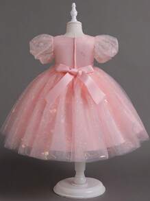 1 pieza Vestido de princesa línea A con mangas abullonadas, elegante, cómodo, dulce y lindo con lentejuelas y malla, estilo campus, adecuado para recitales de piano, actuaciones en el escenario, primavera/verano/otoño, para niñas - Rosa - Ver 3