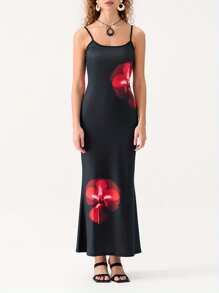 Women Cami Dress Flower Print Sleeveless Backless Dress Long Bodycon Dress Party Dress - 紅色 - 查看 4