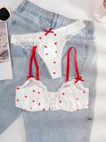 1 Set Women Solid Color Heart Print Red Strap Front Hook Bra And Panty Set, Comfortable Lingerie - White - View 4