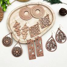 6 Pairs Of Wooden Carved Floral & Geometric Drop Earrings, Elegant For Vacation, Party, & Daily Wear