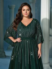 水钻女士礼服加大码晚礼服，适合晚宴、慈善舞会、联欢晚会、生日派对、庆典深绿色雪纺长裙