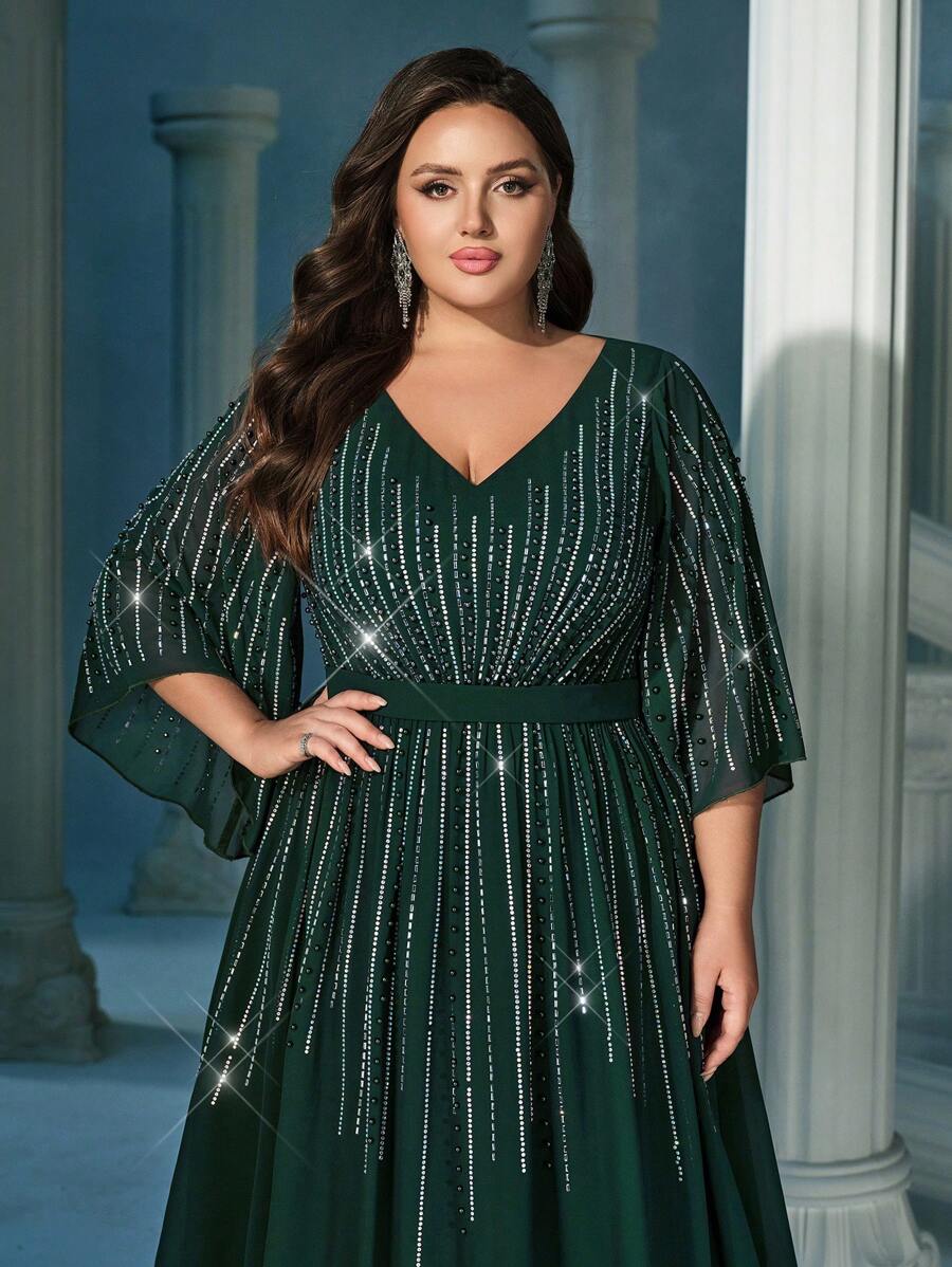 水钻女士礼服加大码晚礼服，适合晚宴、慈善舞会、联欢晚会、生日派对、庆典深绿色雪纺长裙