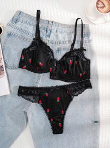 1set Women Solid Color & Strawberry Print Lace Front Closure Comfortable Lingerie Bra And Panty Set - Black - View 4