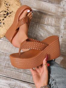 Sandálias Plataforma Casuais de Lã de Carneiro Entrelaçadas à Prova d'Água para Mulheres, com Sola Grossa, Confortável e Versátil para Verão, Férias e Uso Diário