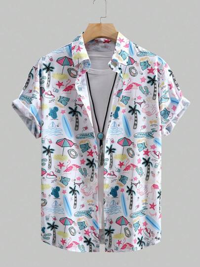 Tropisk växttryckt tropisk planta för män med nedfällbar krage, framtill, ledig kortärmad skjorta, sommar