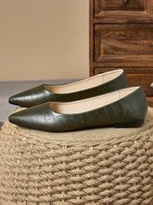 MonaNise Women's Black Snake Print,Red Outside, Pink Stone Print, Yellow Pointed Toe Flat Shoes, Suitable For Travel, Vacation, Casual, Versatile, Olive Green, Navy Blue, Brown Slip-On Flats - Olive Green - View 5