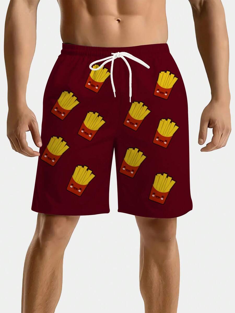 1 件男士加大码休闲薯条图案运动短裤，配有抽绳腰部和口袋，适合户外活动