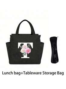 2 pièces/Set Sacs isothermes imprimés avec lettres A-Z et boîte de rangement pour couverts, sac à lunch à double poche