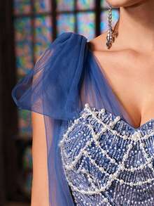 Gorgeous Haze Blue Women Slash Neck High Split Formal Evening Gown Dress With Beading - Dusty Blue - View 11