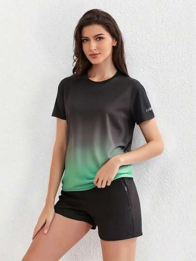 Women's Minimalist Ombre Short Sleeve Sports Running T-Shirt, Suitable For Spring/Summer