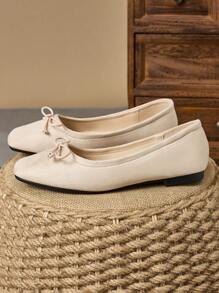 Women's Square Toe Ballet Flats With Bow Decor, Casual Versatile Black Flat Shoes For All Seasons - Apricot - View 5