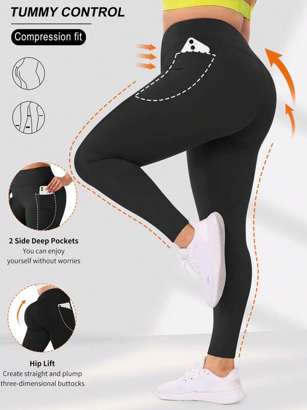Leggings Plus Size com bolsos para mulheres, leggings de cintura alta opacas para controle de barriga, leggings esportivas, leggings de cintura alta para fitness, comprimento total, corrida, com bolsos