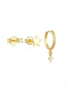 Bộ hoa tai Zirconia bóng hình học đơn giản, có thể xếp chồng, bạc Sterling 925, phong cách thiết kế cổ điển và thanh lịch, thích hợp để đeo hàng ngày, lựa chọn tốt nhất làm quà tặng sinh nhật cho phụ nữ - Bông tai nhỏ nhắn hình ngôi sao năm sao - Xem 2