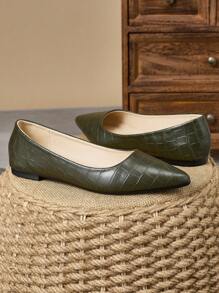 MonaNise Women's Black Snake Print,Red Outside, Pink Stone Print, Yellow Pointed Toe Flat Shoes, Suitable For Travel, Vacation, Casual, Versatile, Olive Green, Navy Blue, Brown Slip-On Flats - Olive Green - View 3