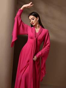 女士优雅纯色蝙蝠袖连衣裙 - 玫紅色 - 查看 7