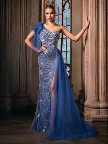 Gorgeous Haze Blue Women Slash Neck High Split Formal Evening Gown Dress With Beading - Dusty Blue - View 3
