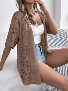 Áo khoác dệt kim khoét lỗ mùa hè dành cho nữ, kiểu dáng tối giản, màu trơn, dáng rộng, tay ngắn, khăn choàng nhẹ, chống nắng. - Cà phê nâu - Xem 7