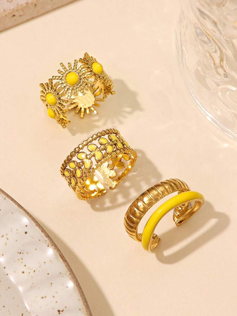 3pcs Minimalistic Stainless Steel Yellow Oil Drop Ring Set, Suitable For Women To Wear Daily Or As Gifts - Yellow Gold - View 1