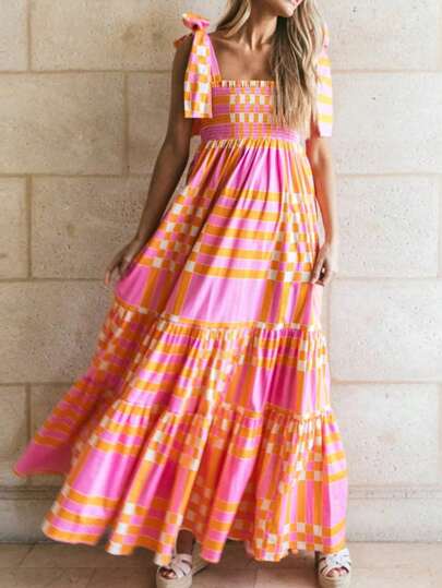 Acelitt Summer Pink Bohemian Gold Lace Smoking Long Dress